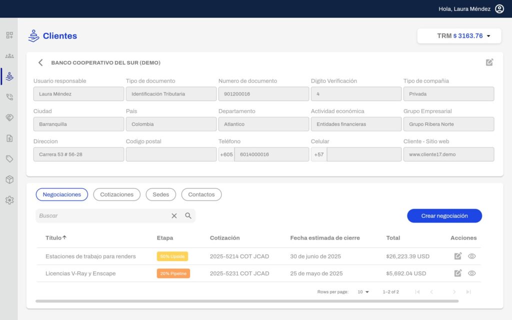 Ficha del cliente con sus negociaciones, cotizaciones, sedes y contactos