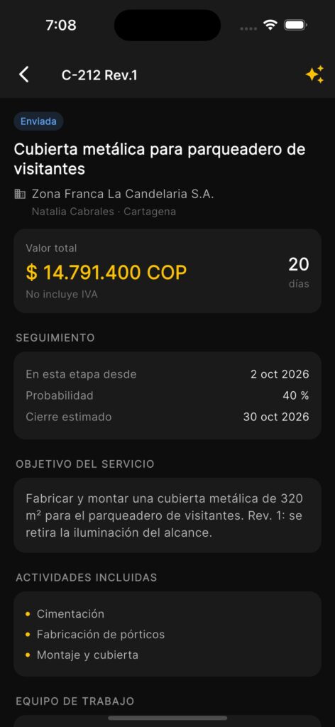 Detalle de la cotización: valor, probabilidad, cierre estimado y alcance