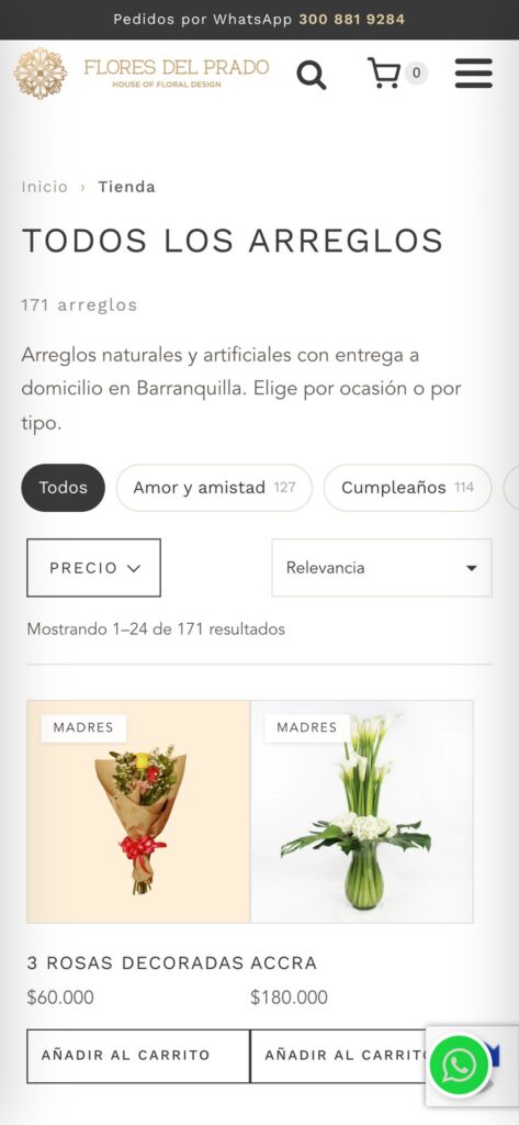 Tienda en el celular con los filtros por ocasión