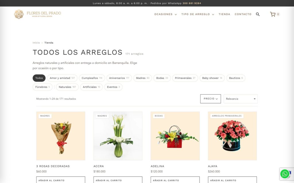 Tienda: 171 arreglos con filtros por ocasión y tipo, precio y orden