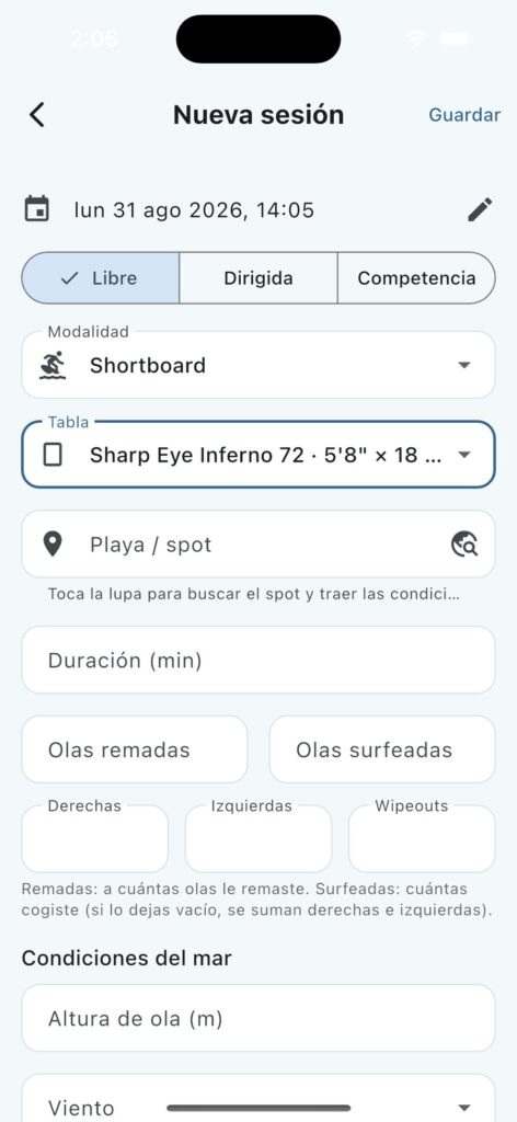 Registrar una sesión: modalidad, tabla, spot, olas y condiciones del mar
