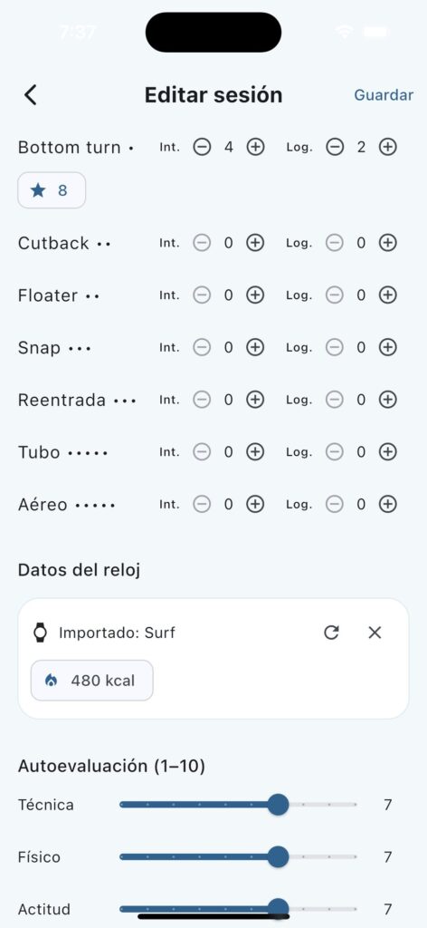 Maniobras intentadas y logradas, datos del reloj y autoevaluación