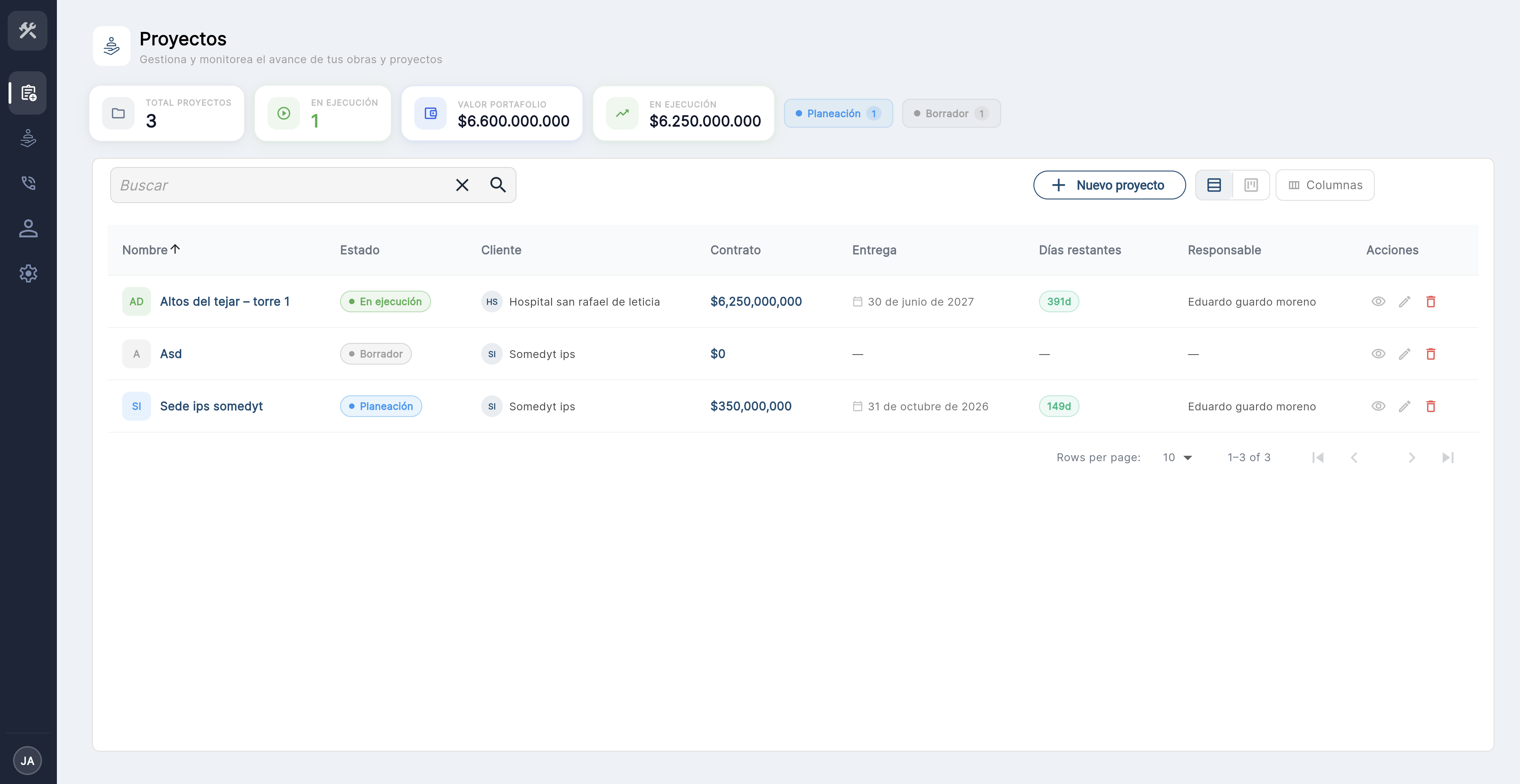 Obria — Vista de proyectos